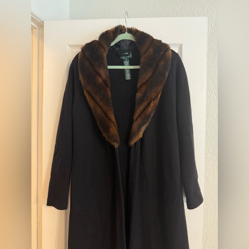 Lauren Ralph Lauren Black Sweater Jacket Tie Waist Band With Brown Fur Collar M